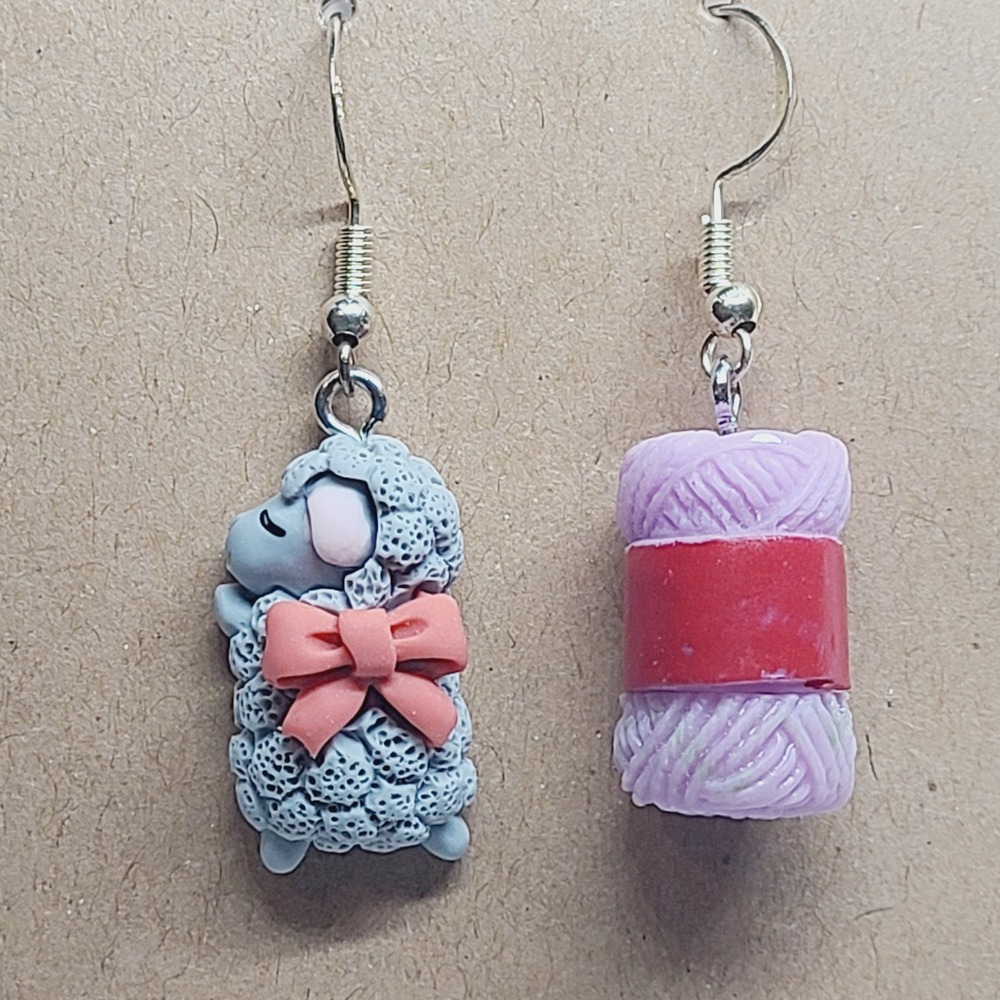 Handmade Cute Sheep and Yarn Dangle Earrings Novelty‎ Jewelry NEW 1.0  inches